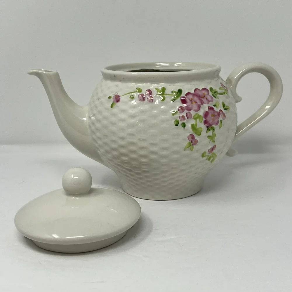 Vintage Teleflora Ceramic Porcelain Teapot 1985 White Lattice Floral Lid Decor